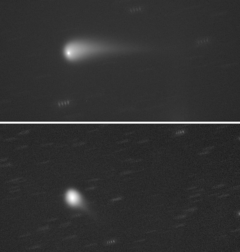 Estas dos vistas, del 27 de abril (arriba) y del 5 de abril de 2024, resaltan la evolución reciente del cometa. Gianluca Masi / Proyecto Telescopio Virtual 2.0