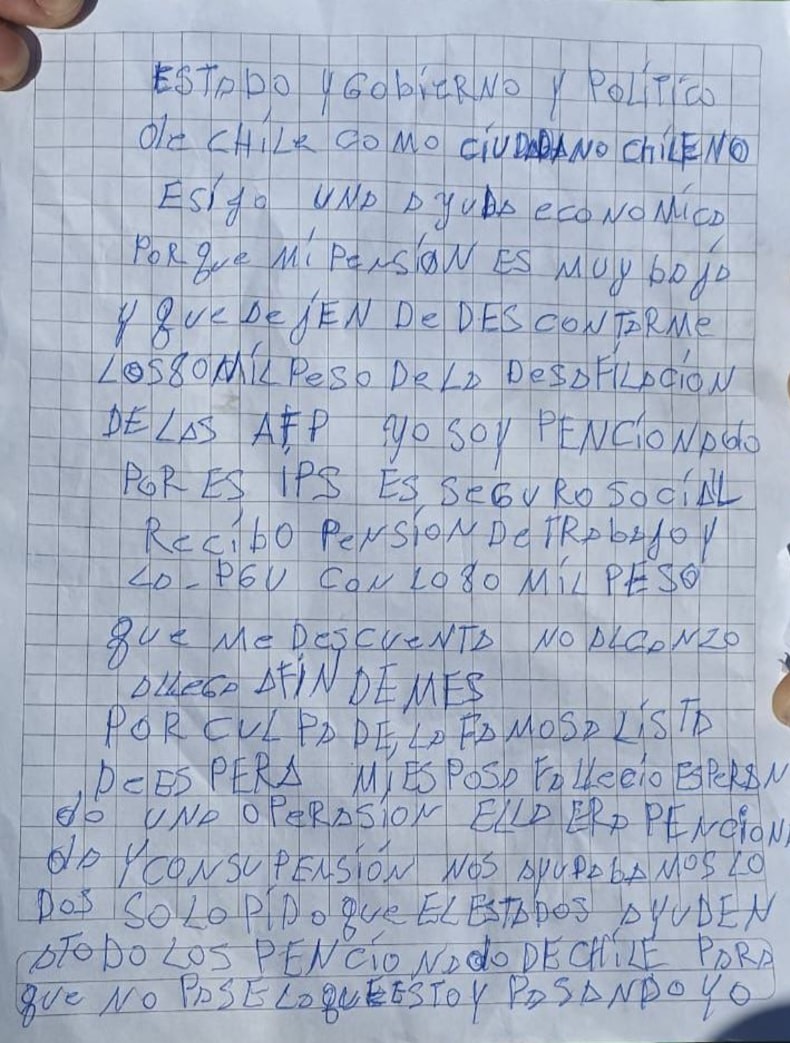 La carta del pensionado que intentó quemarse en vano en Valparaíso.