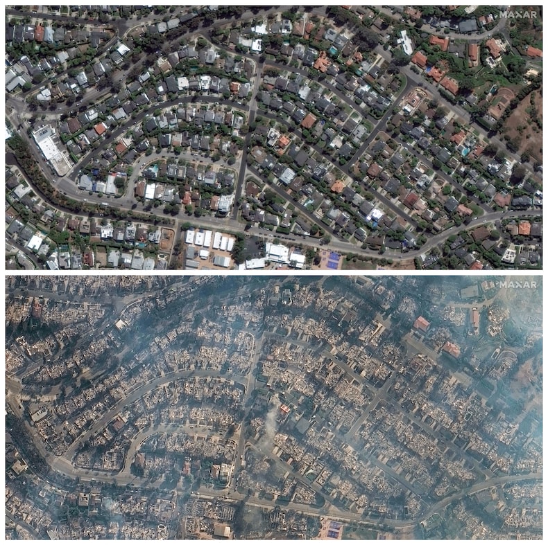 Una imagen combinada muestra imágenes satelitales de casas antes y después del incendio Palisades en Pacific Palisades, California.