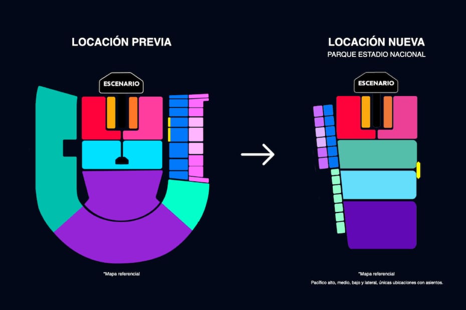 En la imagen a la derecha, puede ver las nuevas ubicaciones del concierto del cantante colombiano en el National Stadium Park