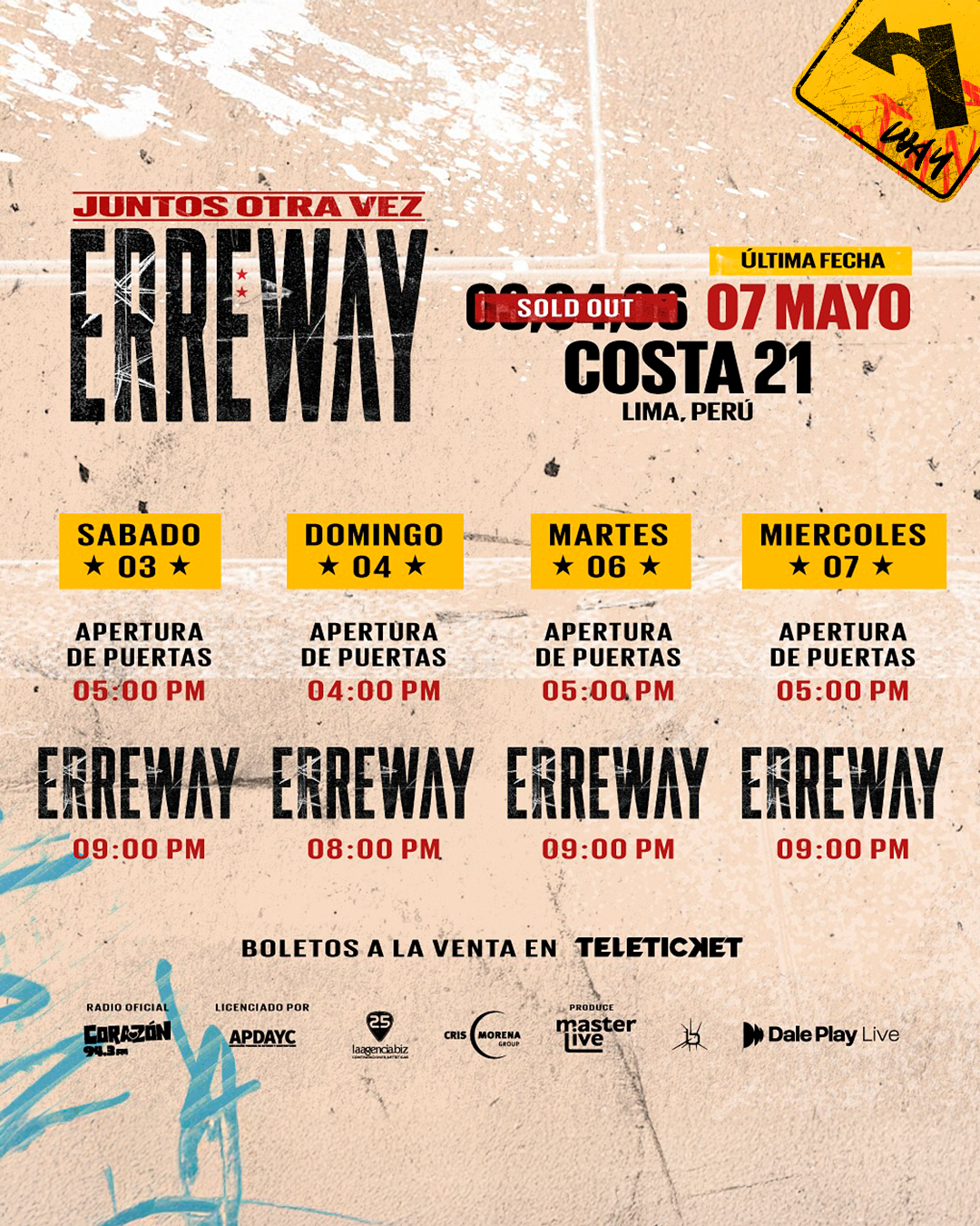Erreway en Lima Erreway dará cuatro conciertos en Lima: 4 de mayo, 4, 6 y 7, 2025.