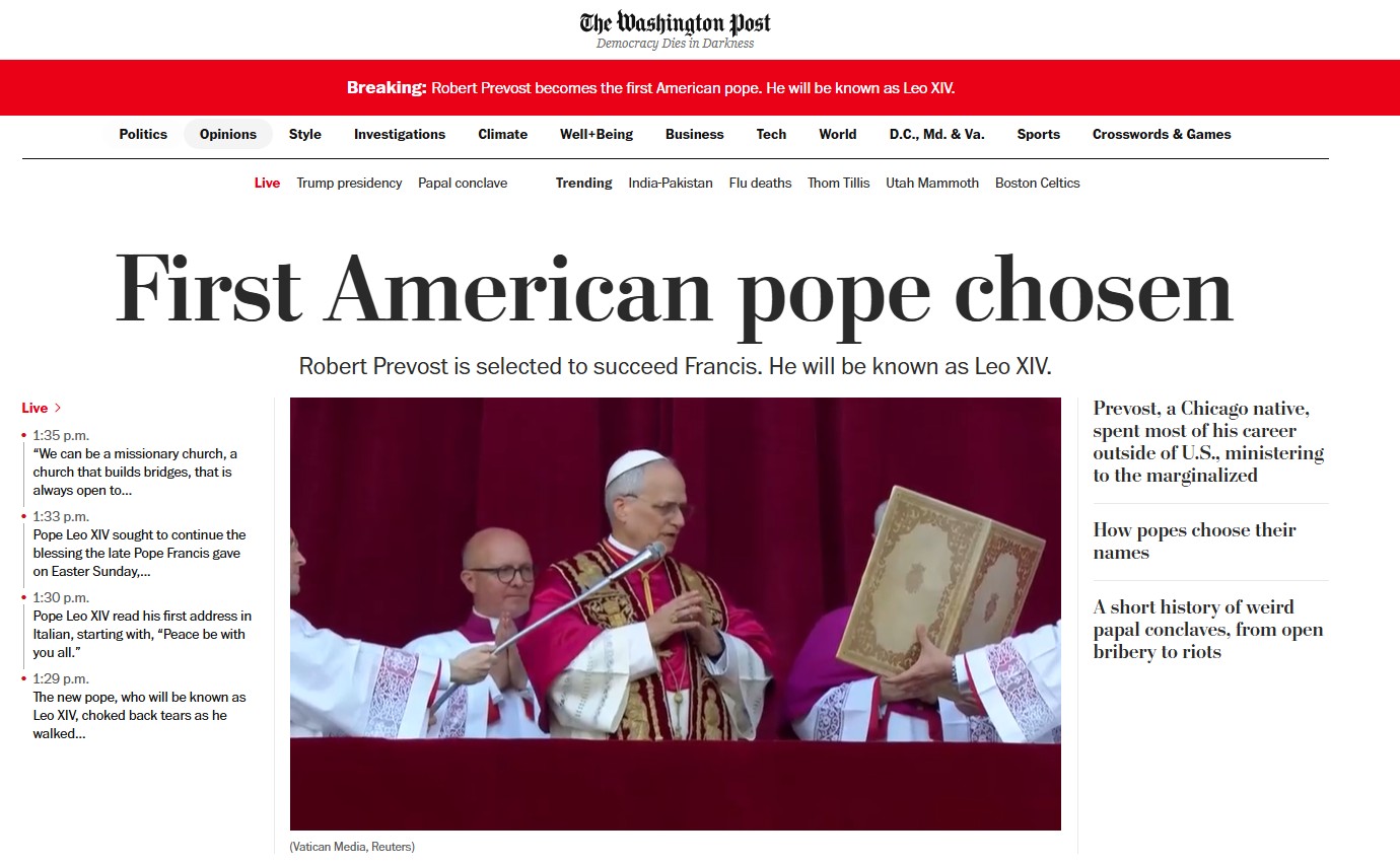 The Washington Post y su titular en la elección del Papa Leo XIV The Washington Post y su titular en la elección del Papa Leo XIV.