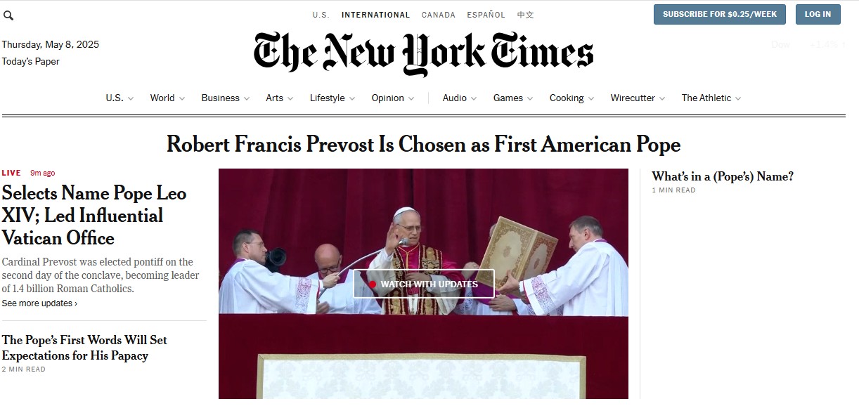 El New York Times y su titular al nombramiento del Papa Leo XIV El New York Times y su titular al nombramiento del Papa Leo XIV.