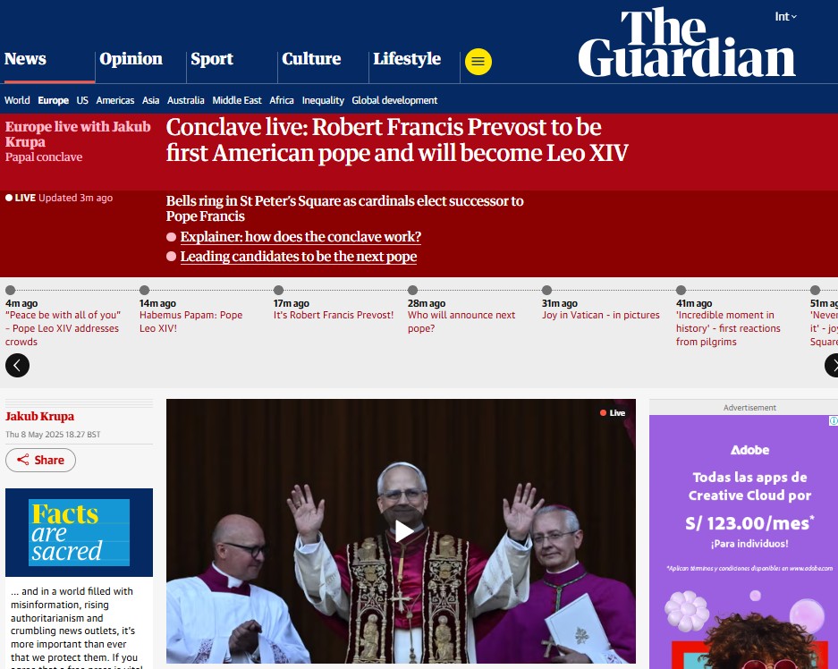El periódico británico The Guardian destaca la elección del Papa Leo XIV este jueves El periódico británico The Guardian destaca la elección del Papa Leo XIV este jueves.