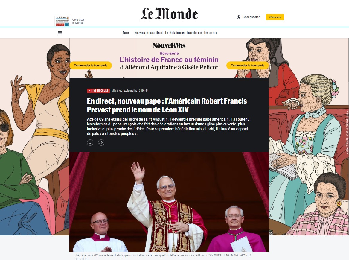 El periódico de Fránces Le Monde y su titular para la elección de Robert Prevosts como el nuevo Papa El periódico Fránce Le Monde y su titular para la elección de Robert Prevost como el nuevo Papa.