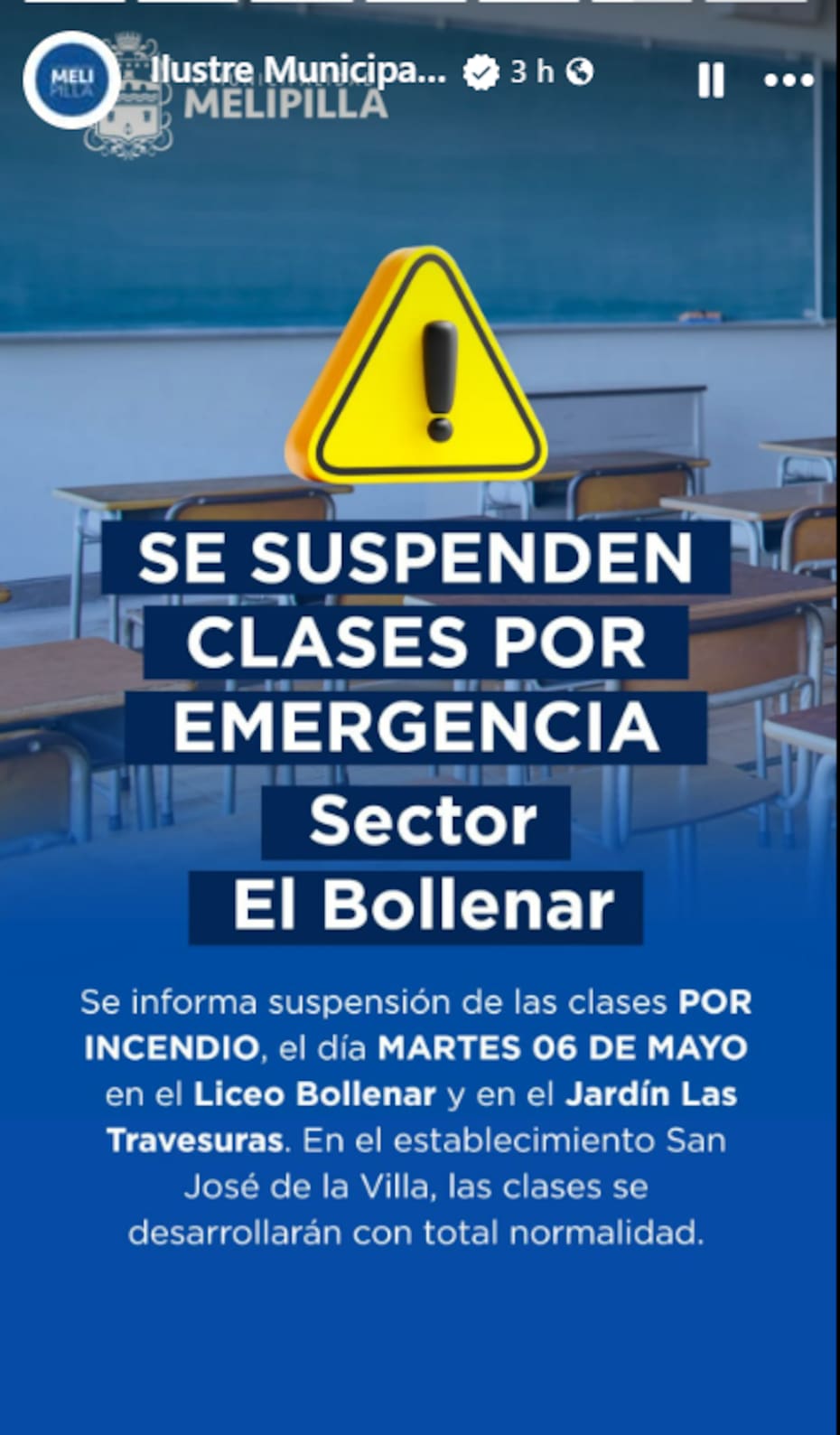 El municipio suspenderá las clases en algunos establecimientos educativos producto de la emergencia.