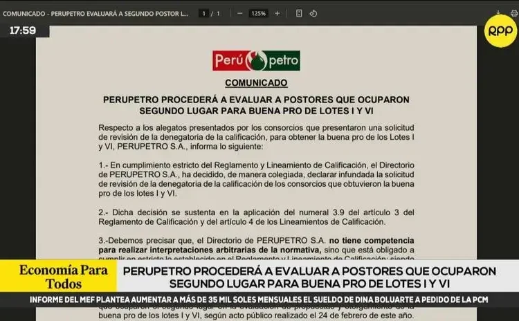 Perupetro evaluará a postores que ocuparon segundo lugar para los lotes I y VI
