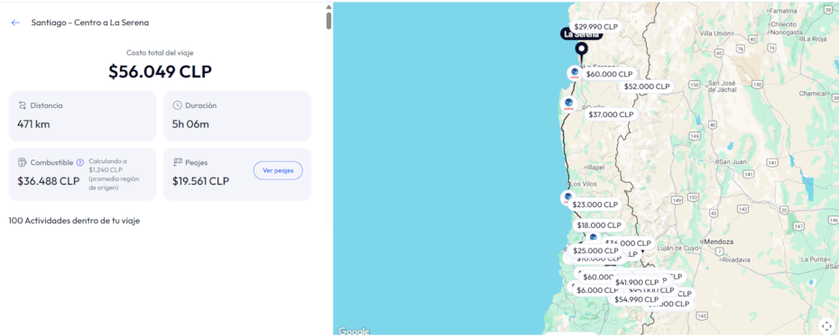 Según el planificador de viajes de Chiletur, este es el costo aproximado de viajar en automóvil entre la región metropolitana y la región de Coquimbo.